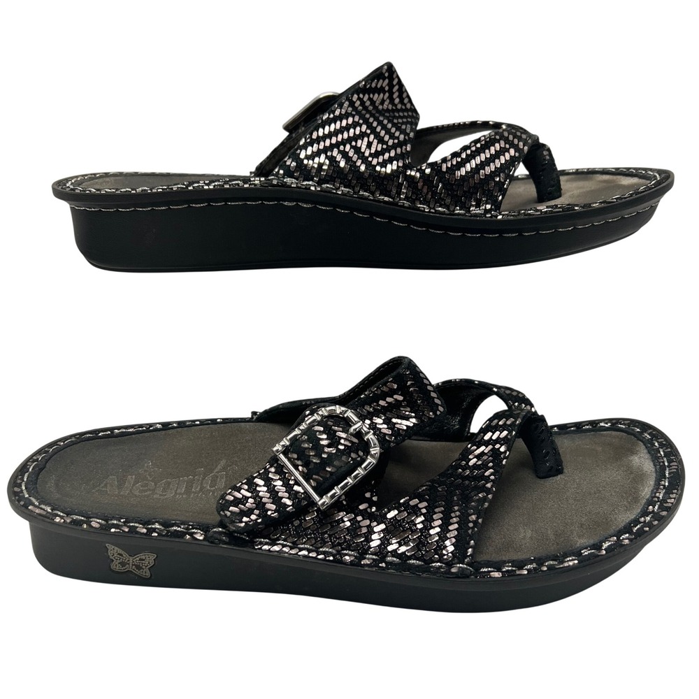 Alegria Thong Sandals Women 8.5/9 Size EU 39 Black Silver Metallic Buckle Slide